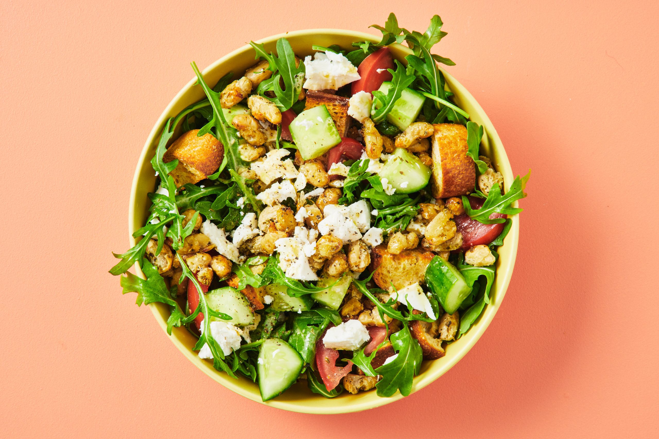 Low-Cal Vegan Greek Salad with 'Feta', White Beans and Croutons 